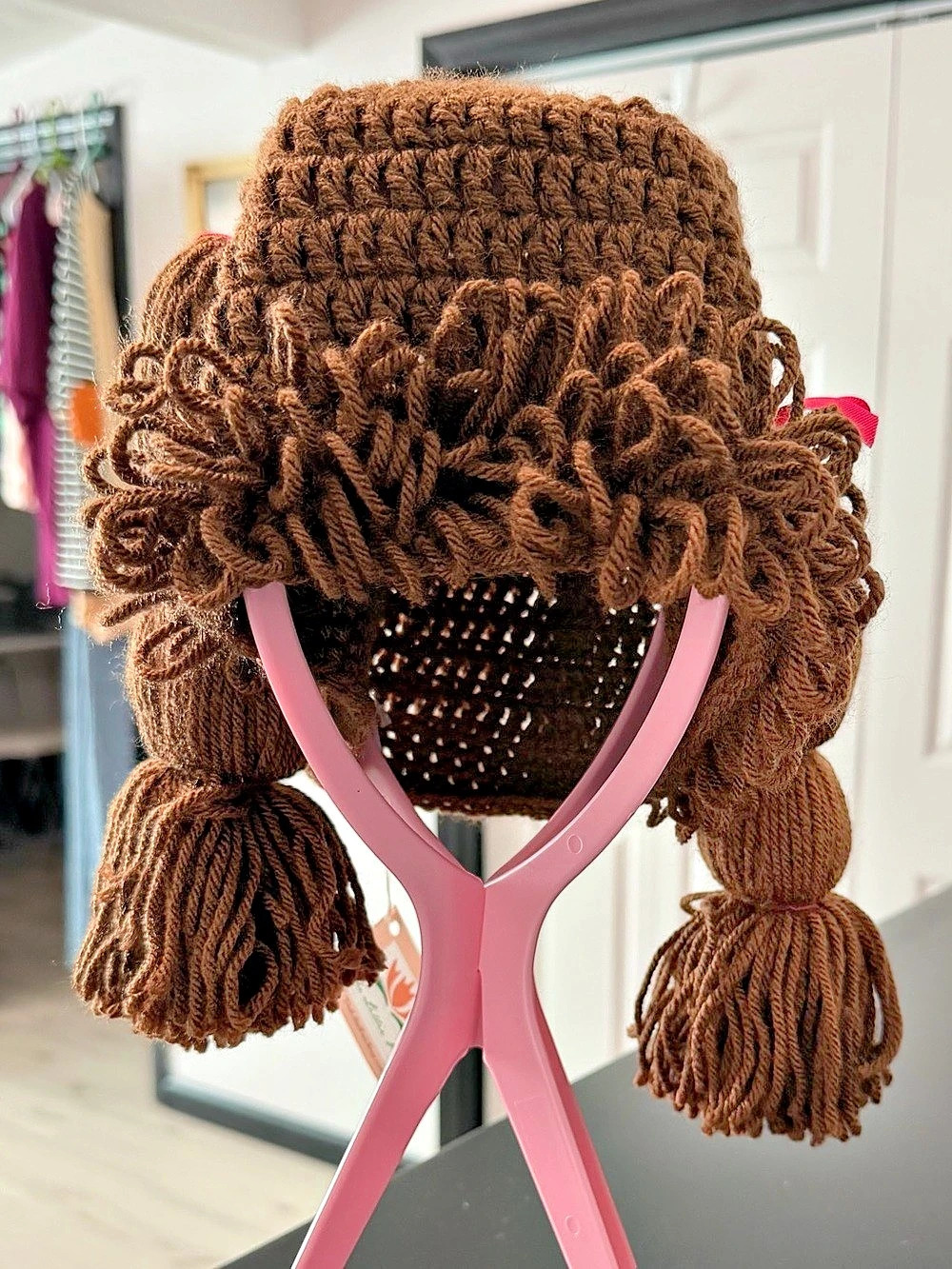 The Lillie Pad Adults Brown & Pink Crochet Pigtail Hat (Cabbage Patch)